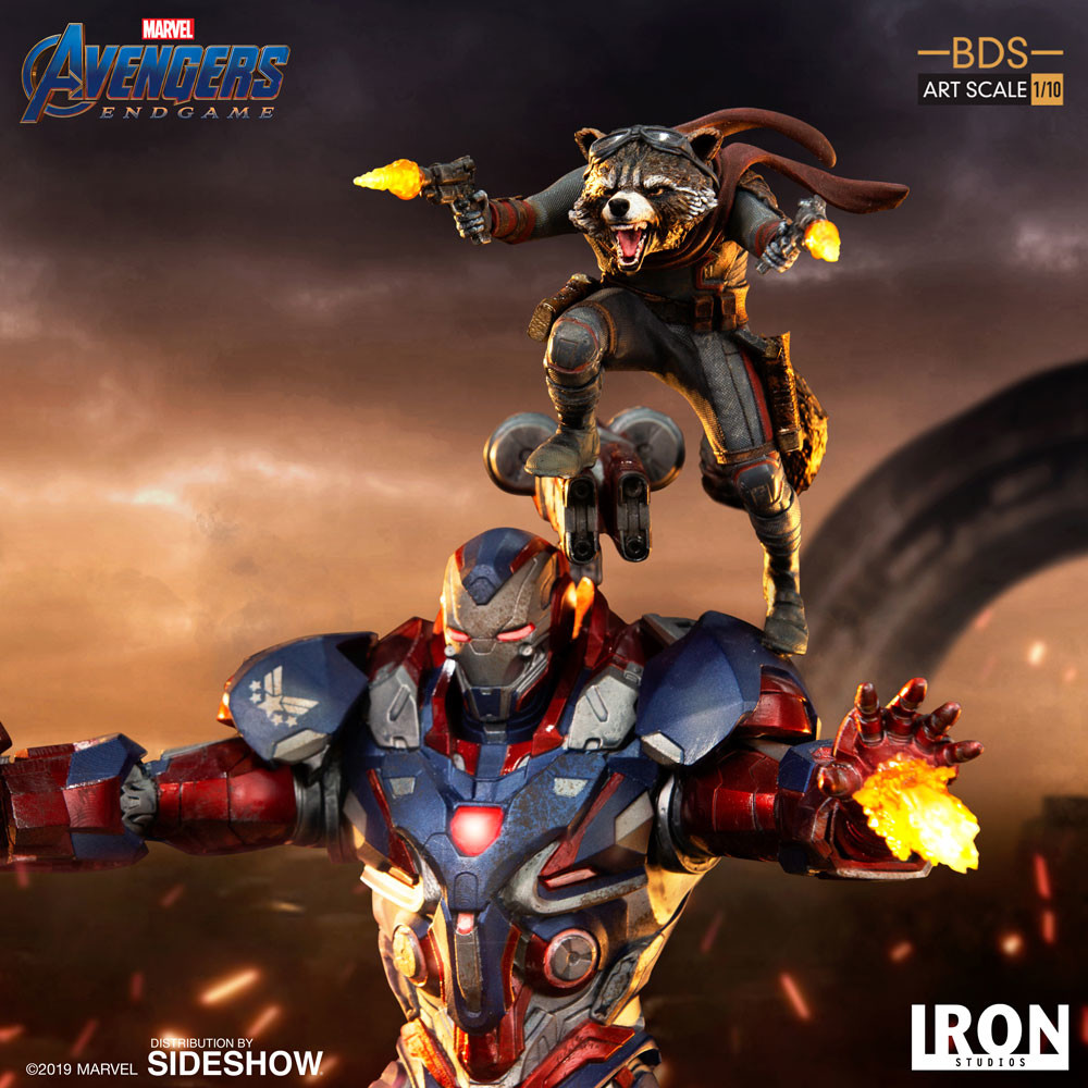 Los Vengadores de Iron Studios: Estatua de final de juego Iron Patriot y Rocket Battle Diorama disponibles para pre-pedido