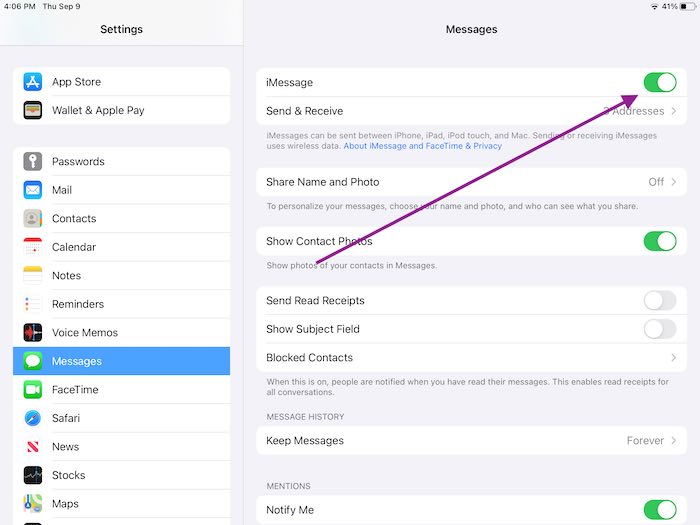 Apague iMessage en iPad 