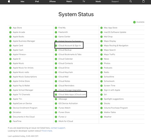Estado del sistema de iCloud.com