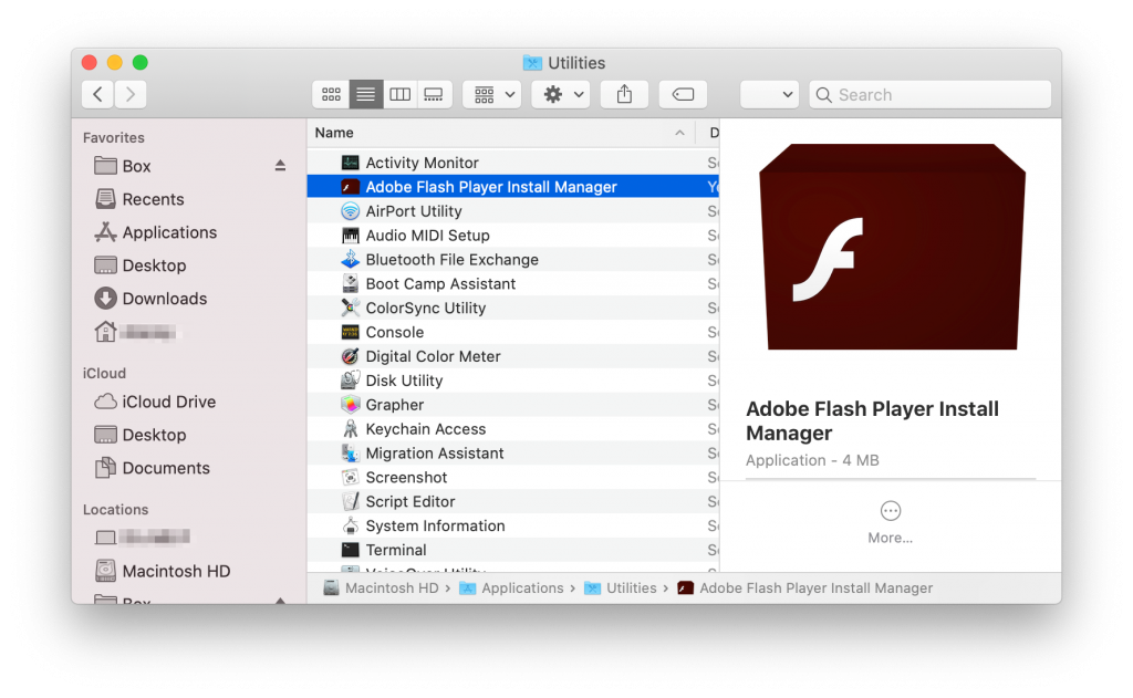 Administrador de instalación de Flash Player en Finder