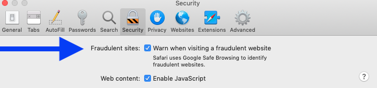 Configuración de seguridad de Safari