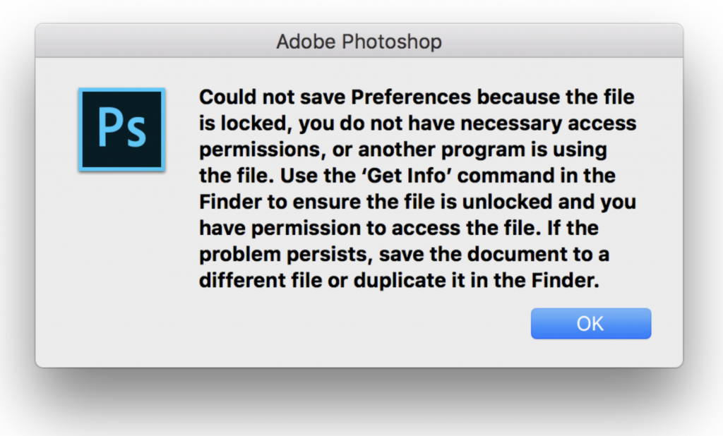 Adobe Photoshop Could not save Preferences because locked