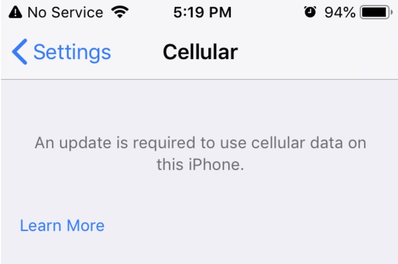 Se requiere una actualización para usar datos móviles en este iPhone, corregir