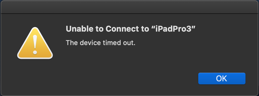 Unable to connect. The device timed out message