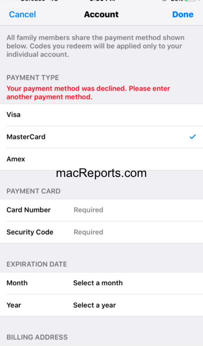 Your payment method declined error message