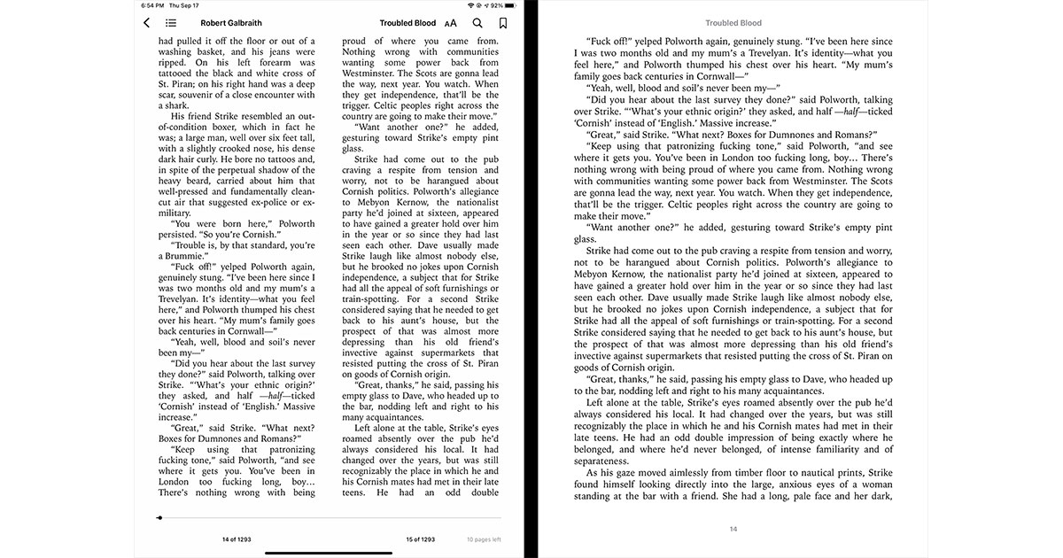 Books App in iPadOS 14 with 2-column view on the left and 1-column view on the right