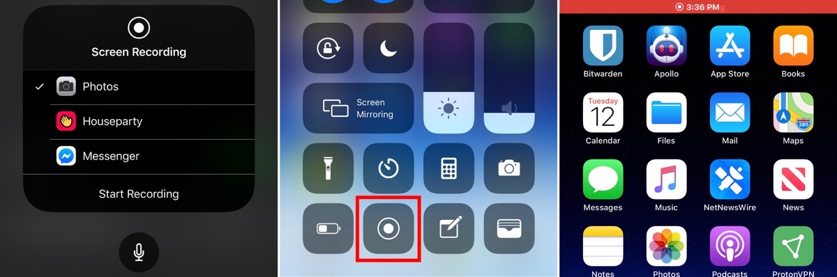 De izquierda a derecha: elección de la ubicación de grabación guardada;  encontrar el icono de grabación de pantalla en el Centro de control;  la barra de notificaciones se vuelve roja cuando la grabación de pantalla está activa.