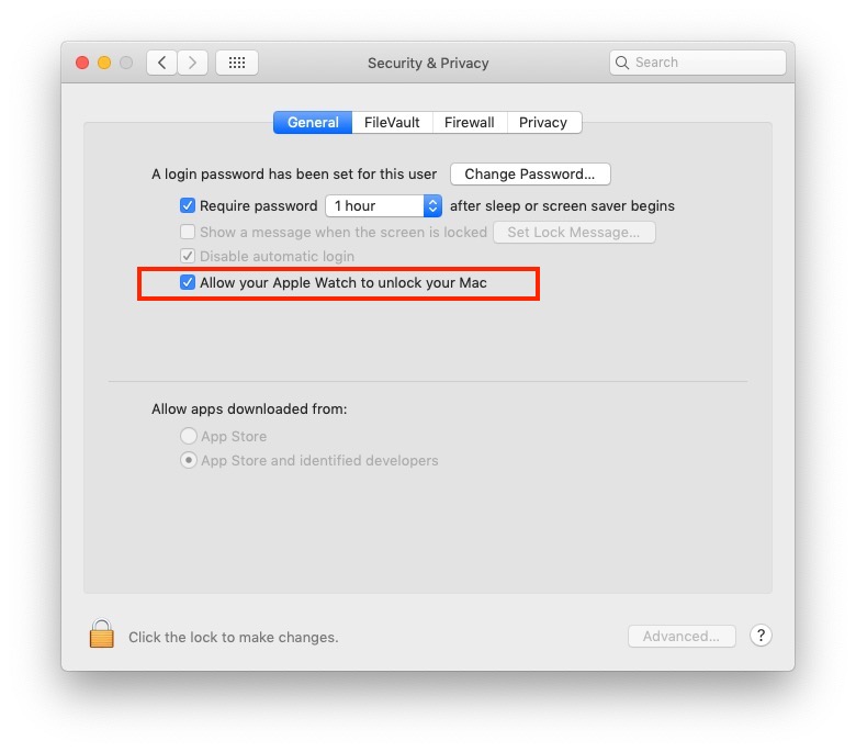 El "Permita que su Apple Watch desbloquee su Mac" casilla de verificación en todo su esplendor.