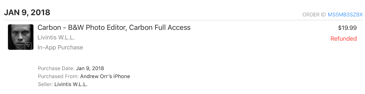 captura de pantalla de reembolso de compra de carbono