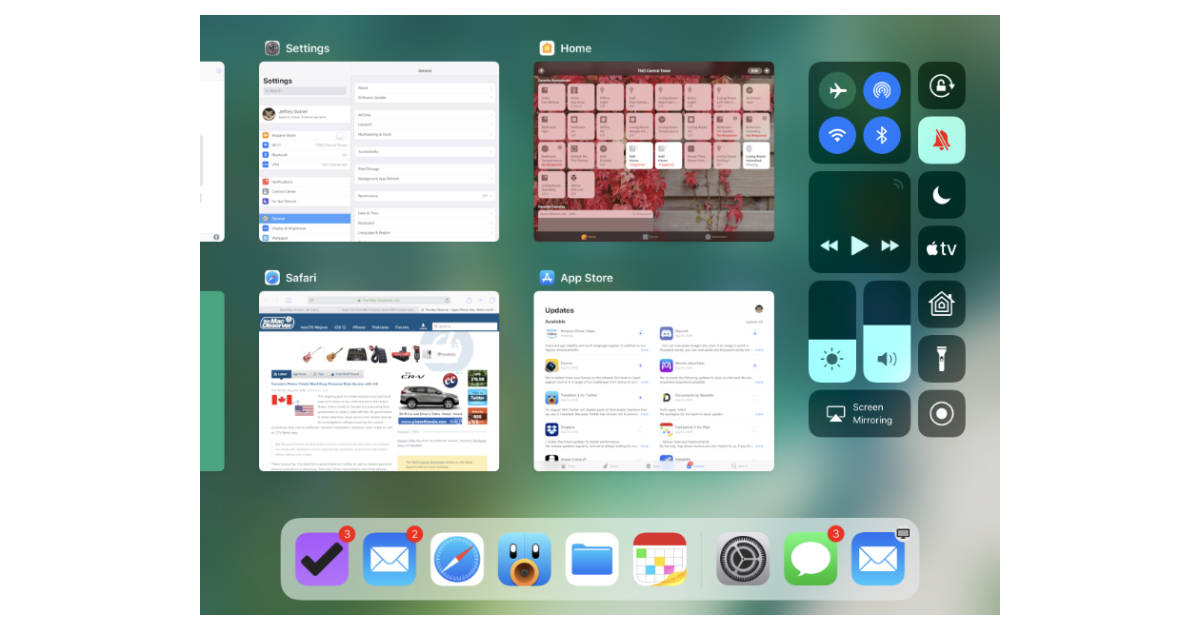 Centro de control de iOS 11 y vista del conmutador de aplicaciones en iPad
