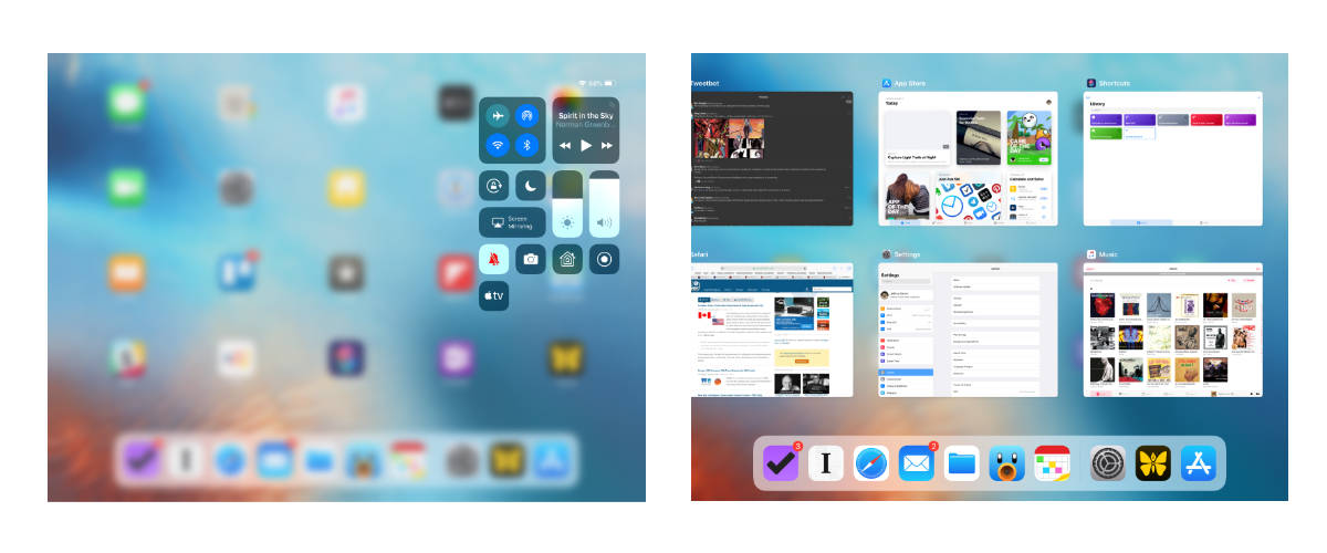 Vistas de Control Center y App Switcher en iPad en iOS 12
