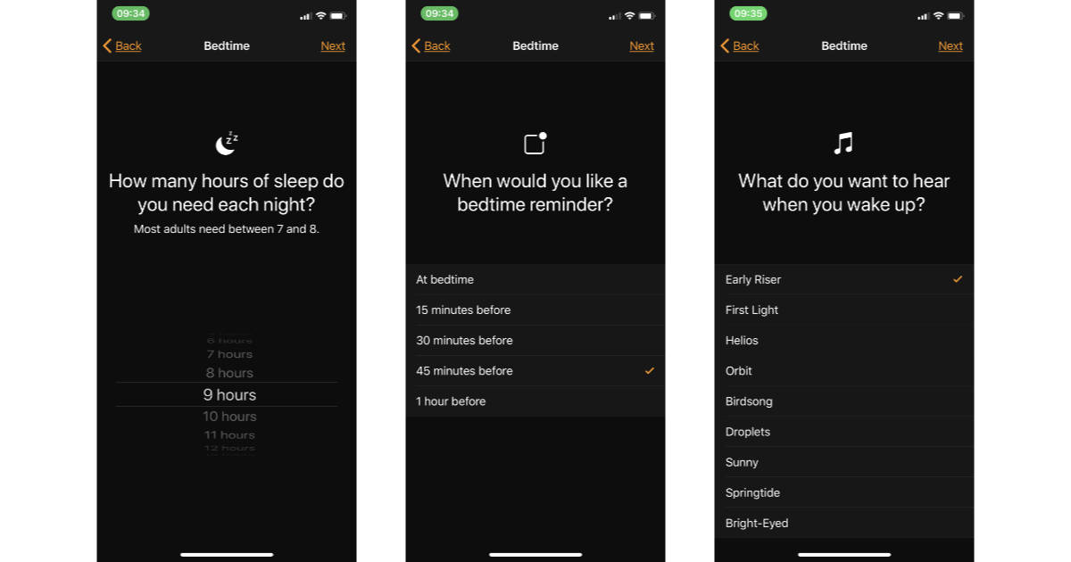 Configuración de la hora de dormir de la aplicación Reloj iOS 12