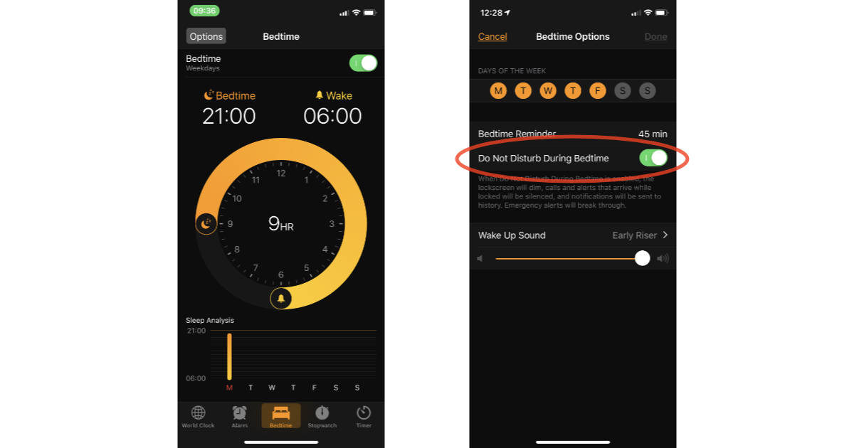 Configuración de No molestar durante la hora de acostarse en la aplicación Reloj iOS 12