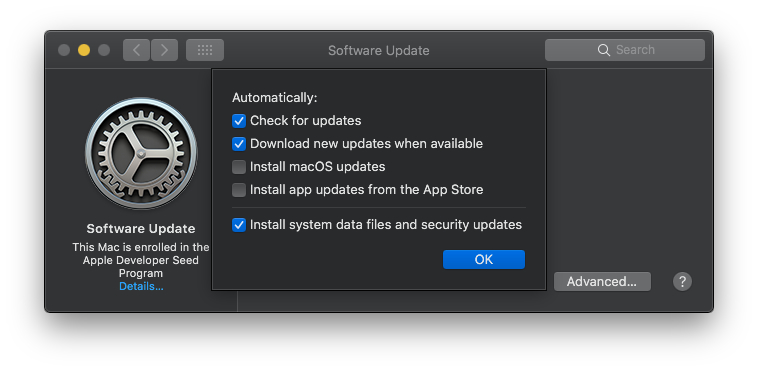 Configuración de actualización automática del software avanzado macOS Mojave