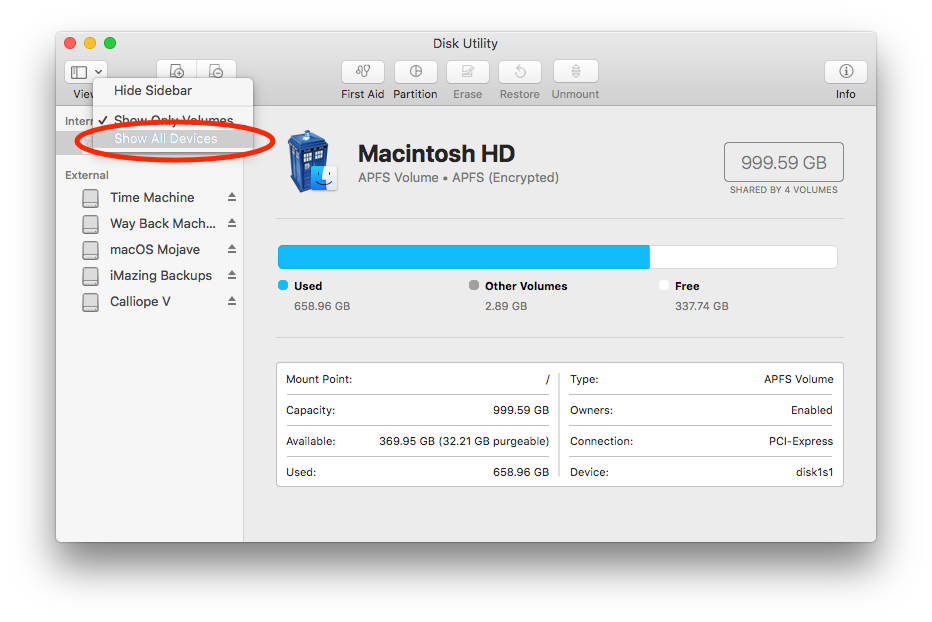 Opción de vista de la Utilidad de disco de Mac que muestra las opciones de volúmenes y dispositivos