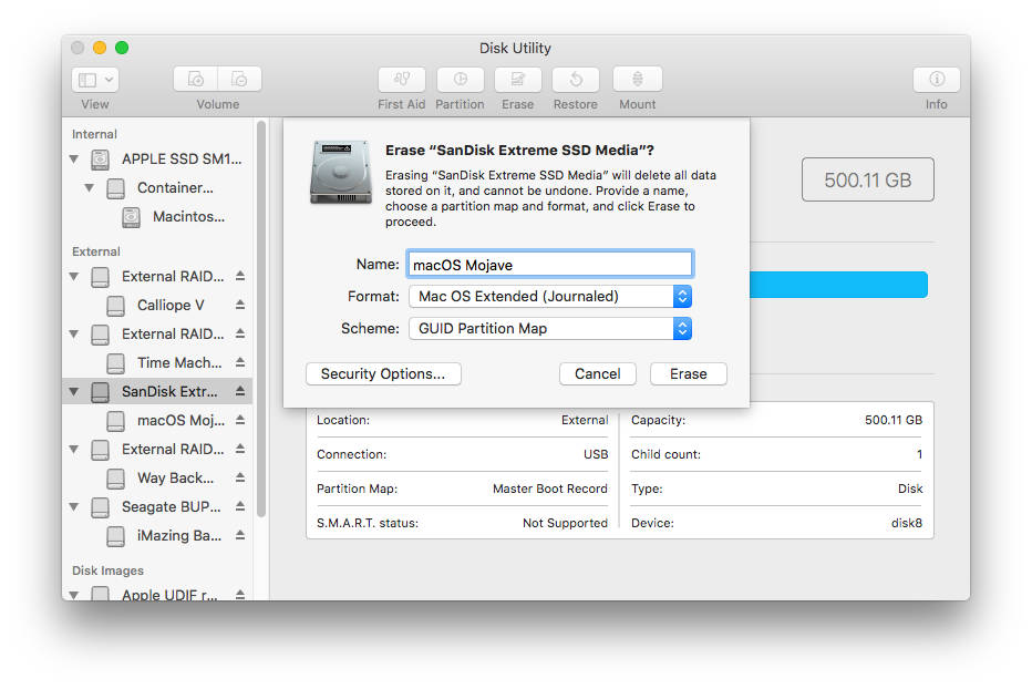 Utilidad de disco de Mac con opción de formato GUID