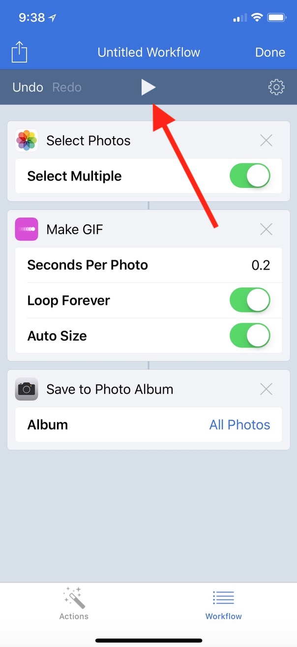 Botón Reproducir en el flujo de trabajo GIF animado en iPhone X