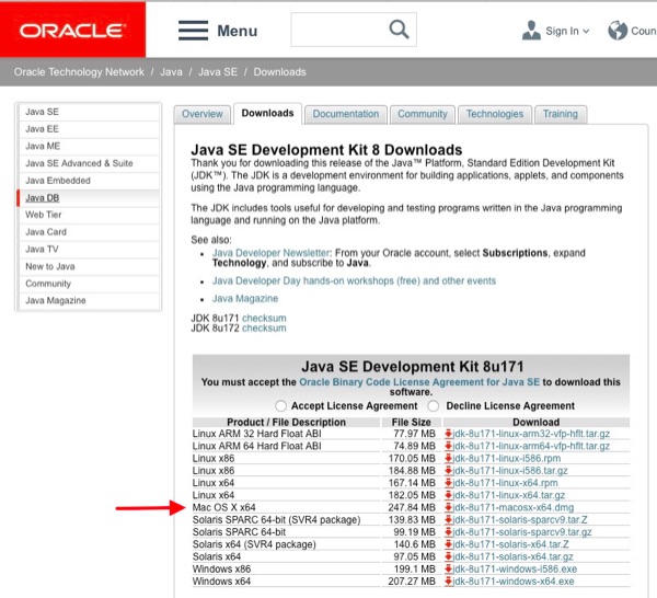 Página de descarga de Java SE de Oracle.