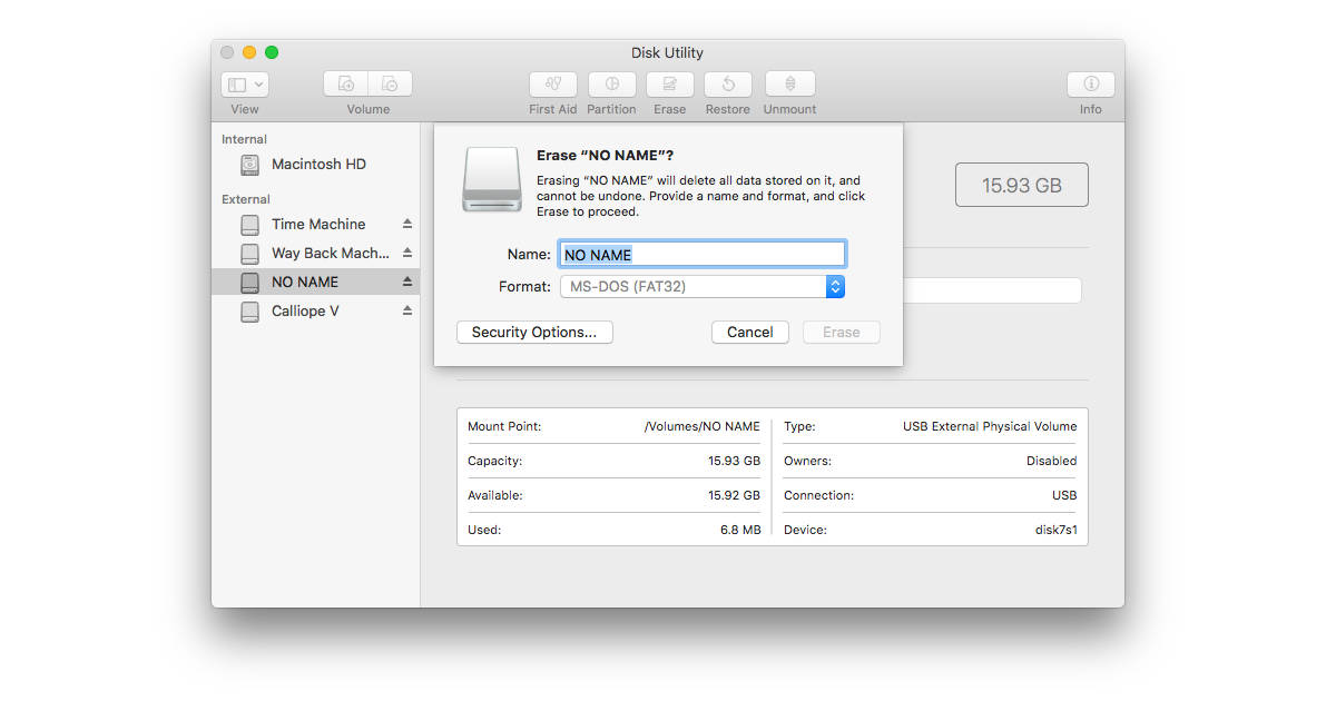Aplicación Disk Utility en Mac que muestra las opciones de formato de la tarjeta SD