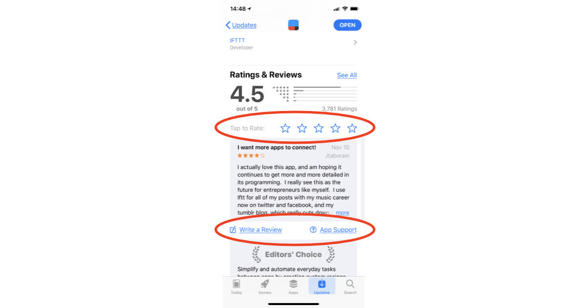 App Store para iPhone y iPad que muestra las opciones de revisión de la aplicación