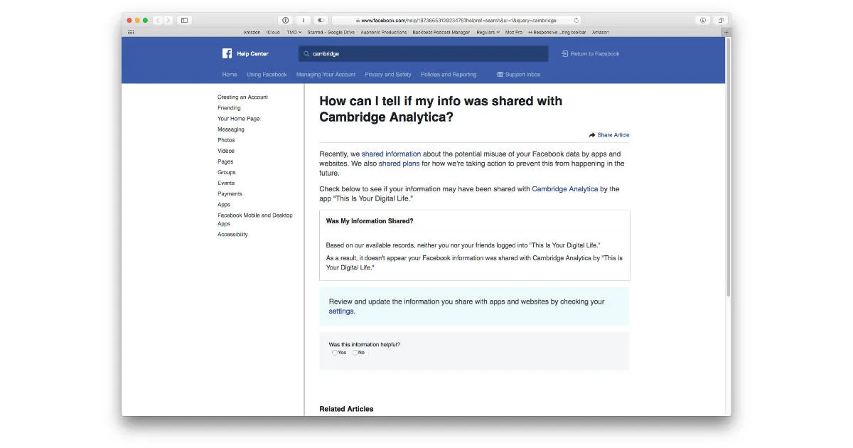 Facebook muestra si Cambridge Analytica tiene su información de perfil de usuario