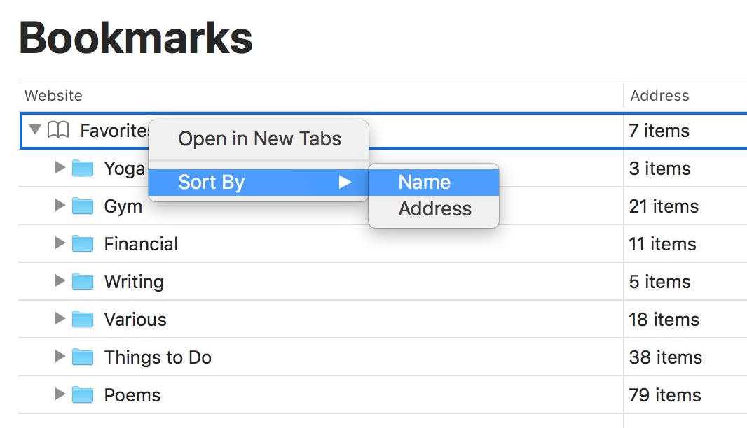 Opción para ordenar favoritos en la vista Marcadores en Safari en Mac