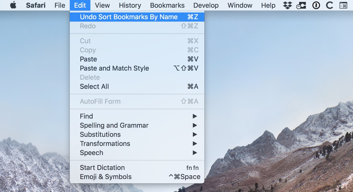 Menú Editar en Safari en Mac que muestra la opción Deshacer ordenar marcadores