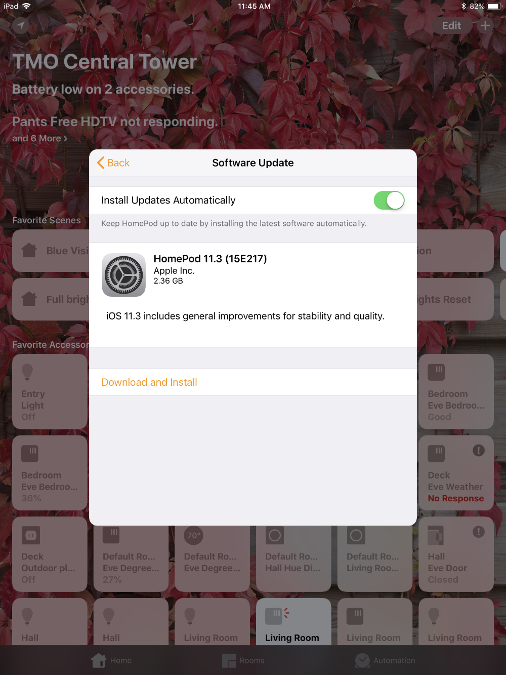 Opción de descarga e instalación para la actualización del software HomePod