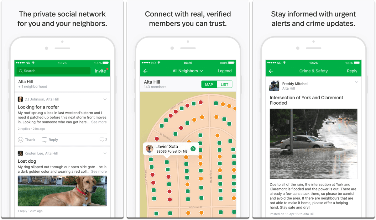 Capturas de pantalla de Nextdoor en nuestra lista de alternativas de Facebook.