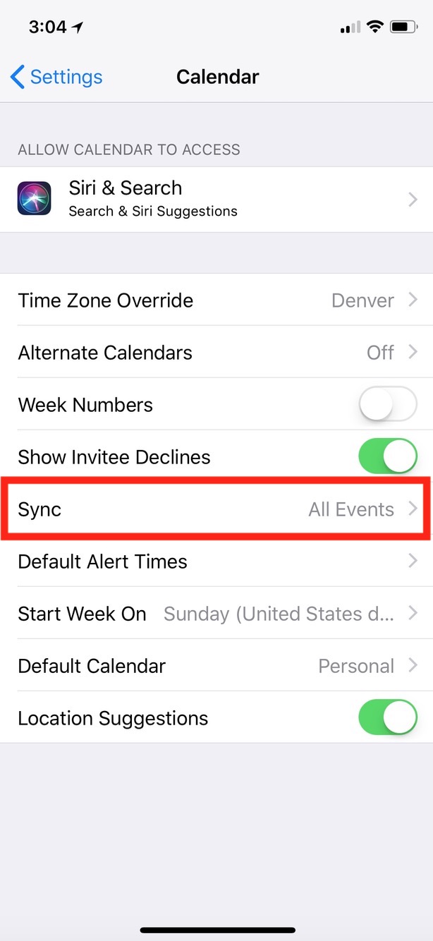 Configuración del calendario para la sincronización en el iPhone