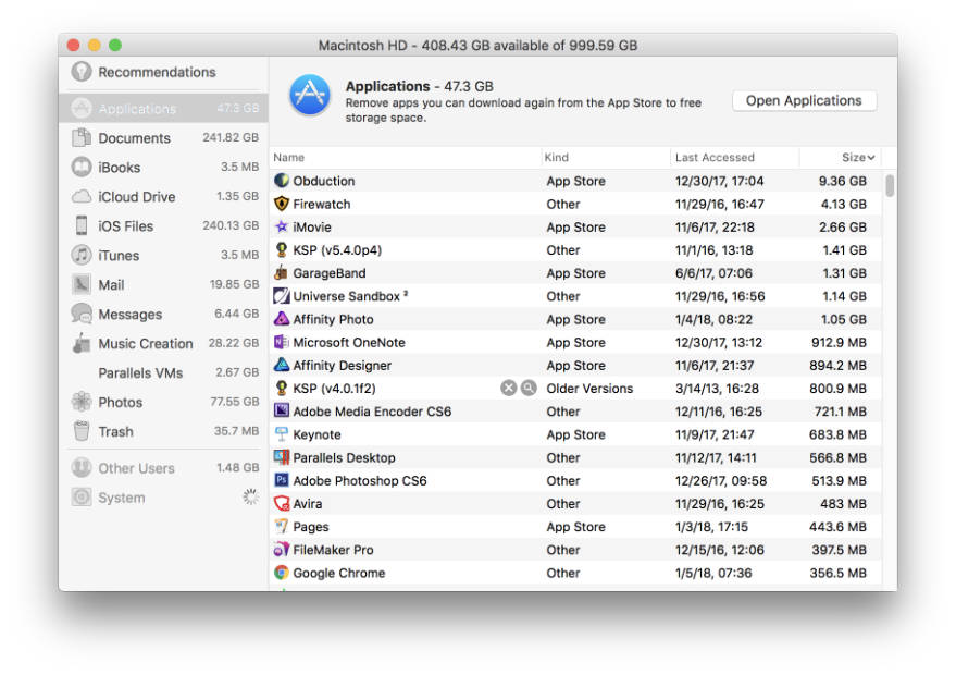 macOS High Sierra administra las opciones de almacenamiento