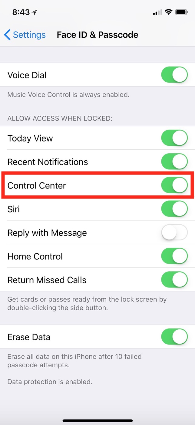 Habilite el Centro de control de iPhone en la configuración de Face ID y contraseña