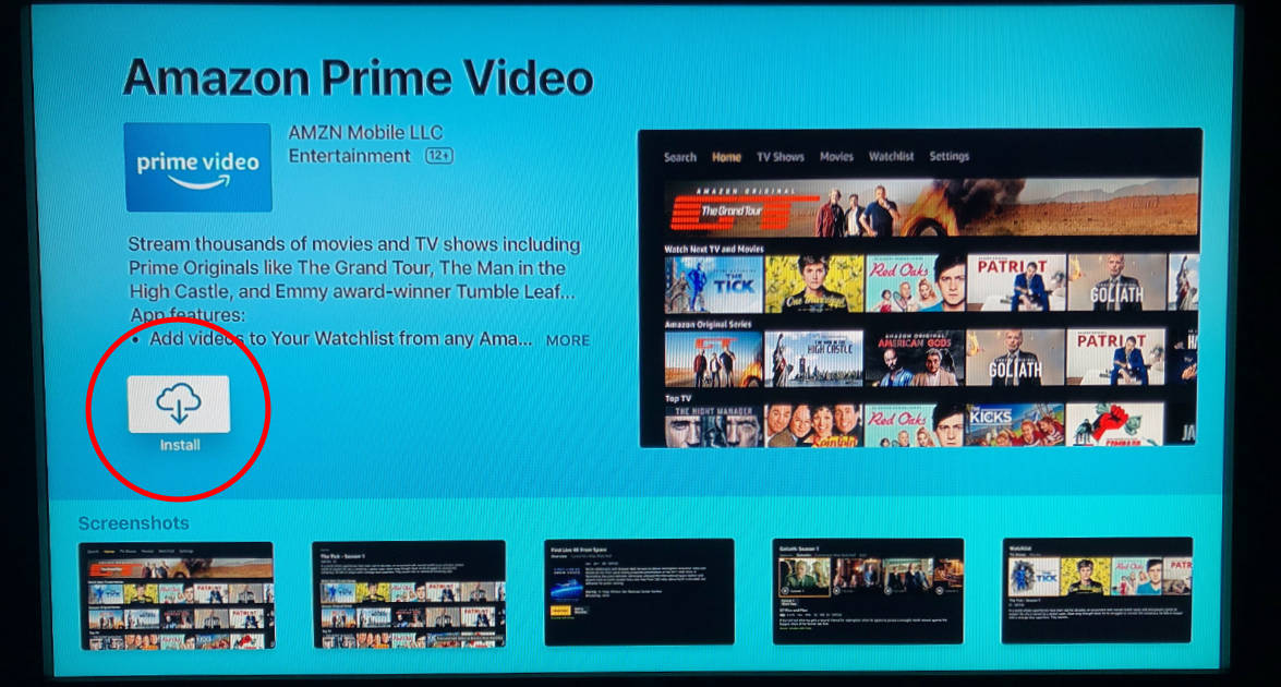 Botón de instalación para la aplicación Amazon Prime Video en Apple TV App Store