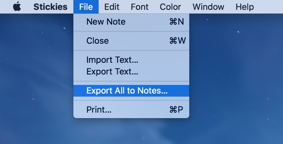 Exportar a notas desde notas adhesivas a través del menú Archivo de notas adhesivas