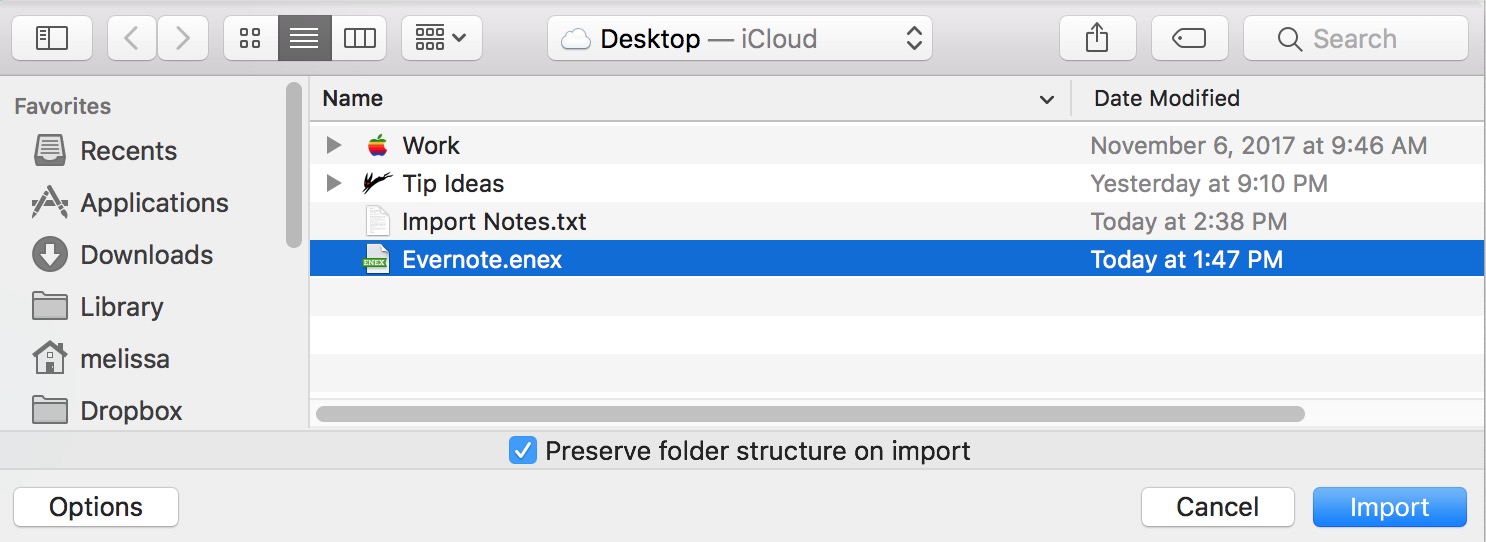 Cuadro de diálogo Abrir/Guardar notas con el archivo de Evernote seleccionado