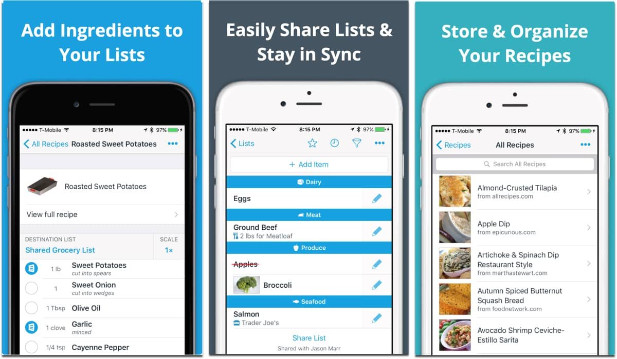 Capturas de pantalla de AnyList, una de las aplicaciones de comestibles.