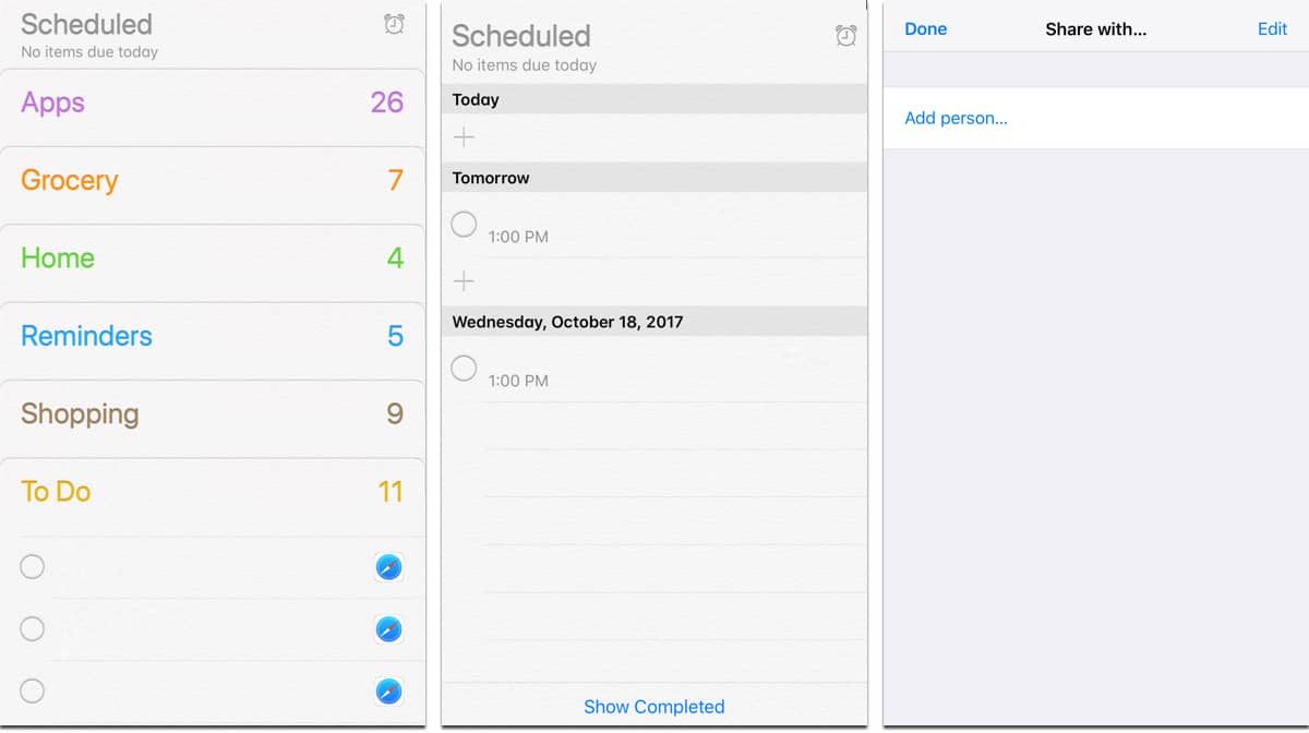 Capturas de pantalla de la aplicación Recordatorios de Apple, que puede ser una de las aplicaciones de comestibles utilizadas.