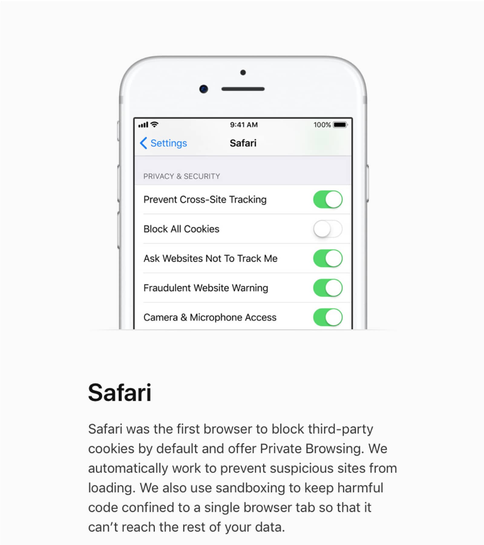 Captura de pantalla de iPhone con información de privacidad de Safari en la página de privacidad de Apple.