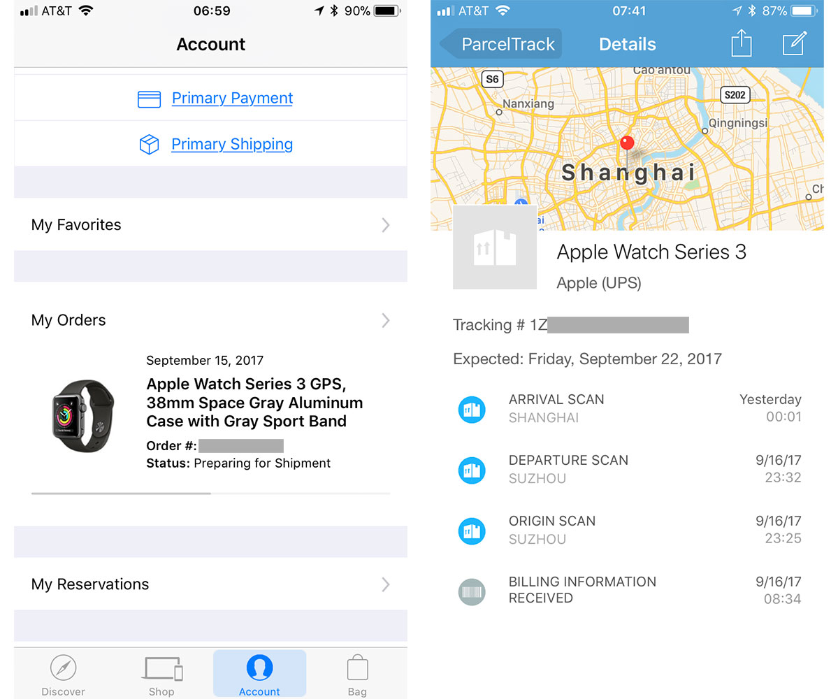 Aplicación Apple Store y ParcelTrack que muestran el estado de envío de Apple Watch