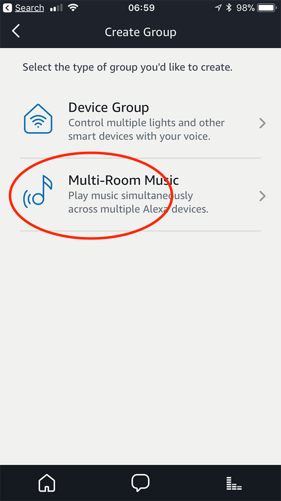 Opción de música en varias habitaciones de la aplicación Alexa para configurar varios dispositivos Echo para transmitir música juntos