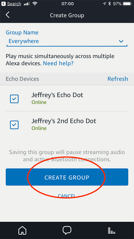 Finalización de la configuración de música multisala de la aplicación Alexa para dispositivos Echo