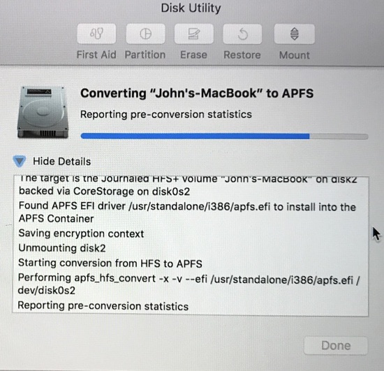 Progreso de conversión APFS en MacBook SSD