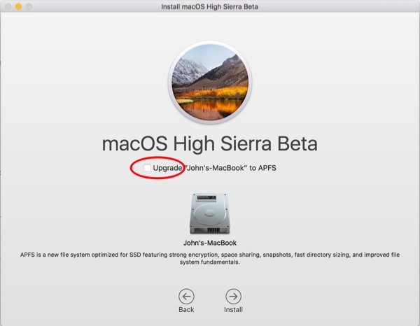 Instalador de High Sierra (Beta) que muestra la opción de actualización de APFS