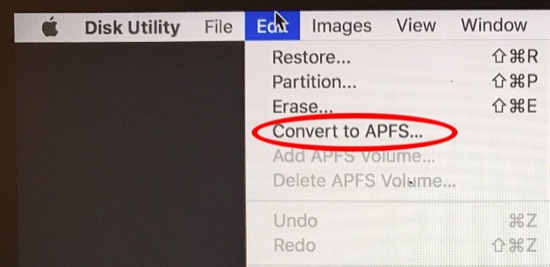 Menú Edición de la Utilidad de Discos que muestra la opción Convertir a APFS