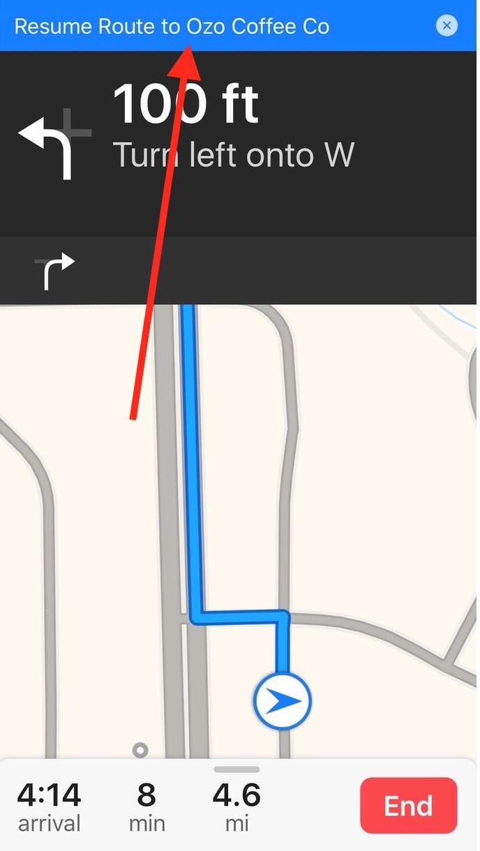 iOS 10 Mapas Reanudar ruta barra azul