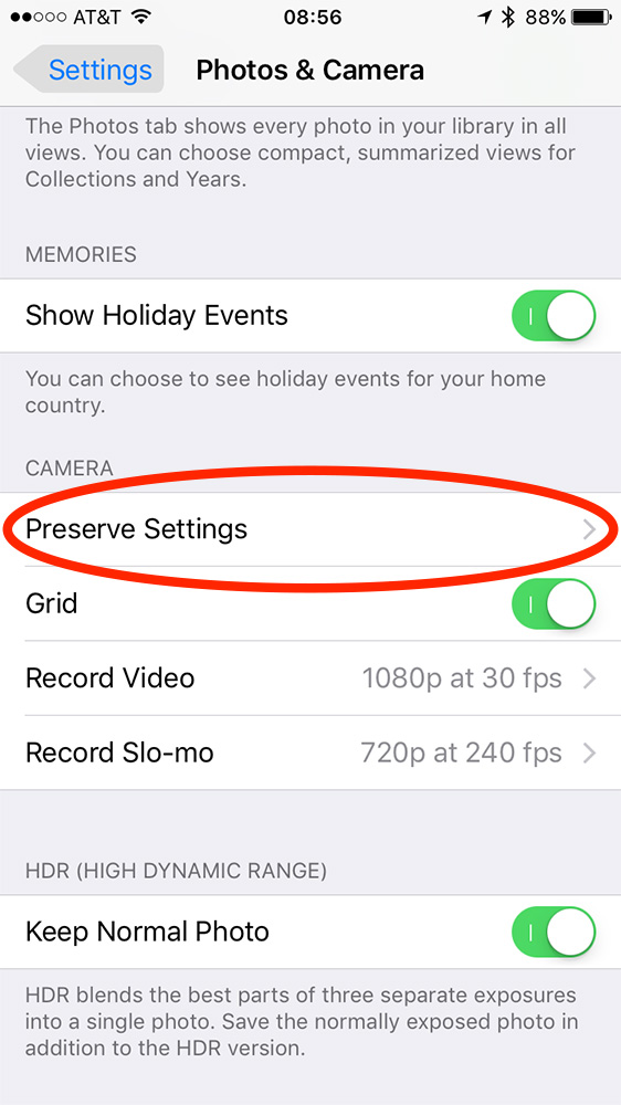 Opción Conservar configuración en la configuración de Fotos y cámara en iOS 10.2