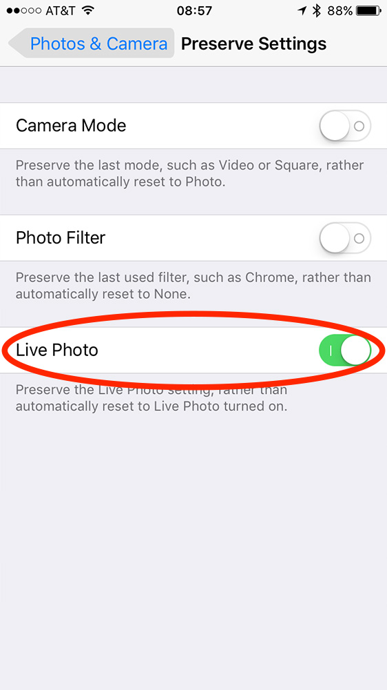 Configuración de Live Photo en iOS 10.2 Configuración de fotos y cámara