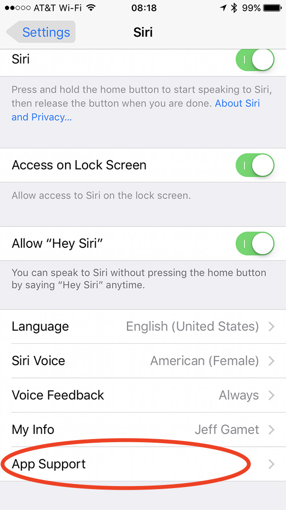 La configuración de soporte de aplicaciones de Siri muestra las aplicaciones que puede controlar por voz