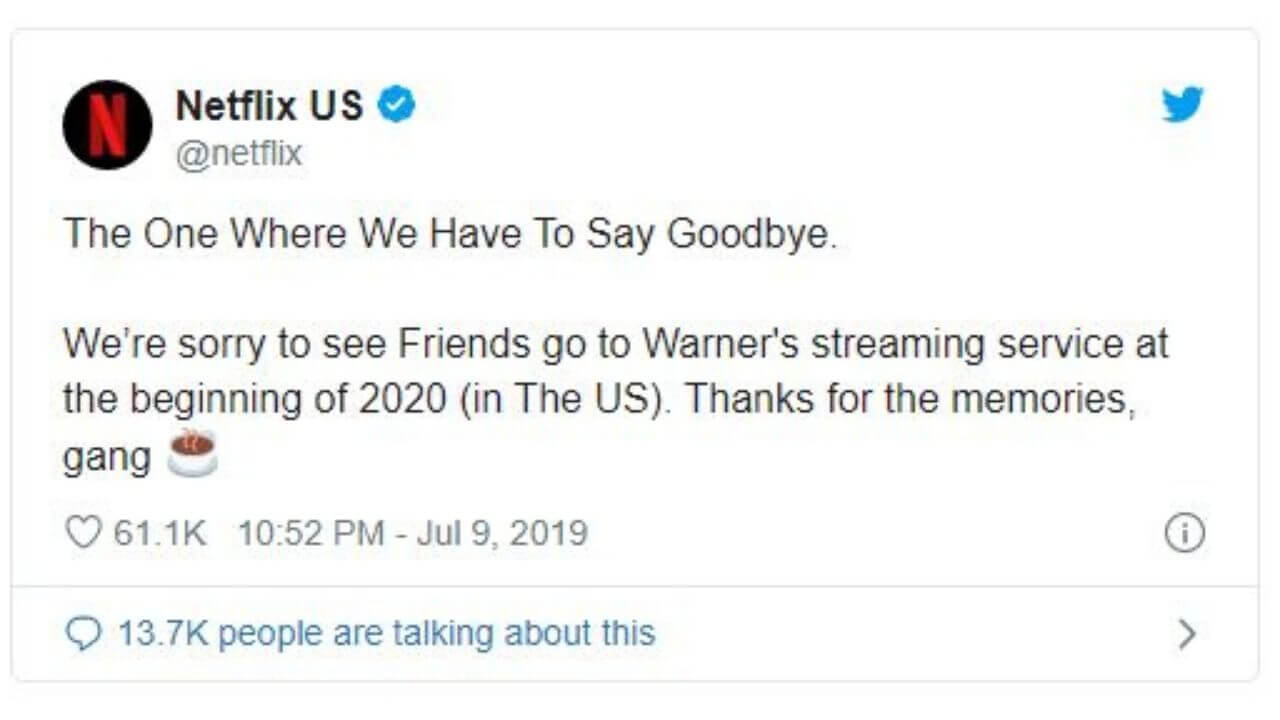 Netflix EE. UU. anunció la salida del programa Friends.