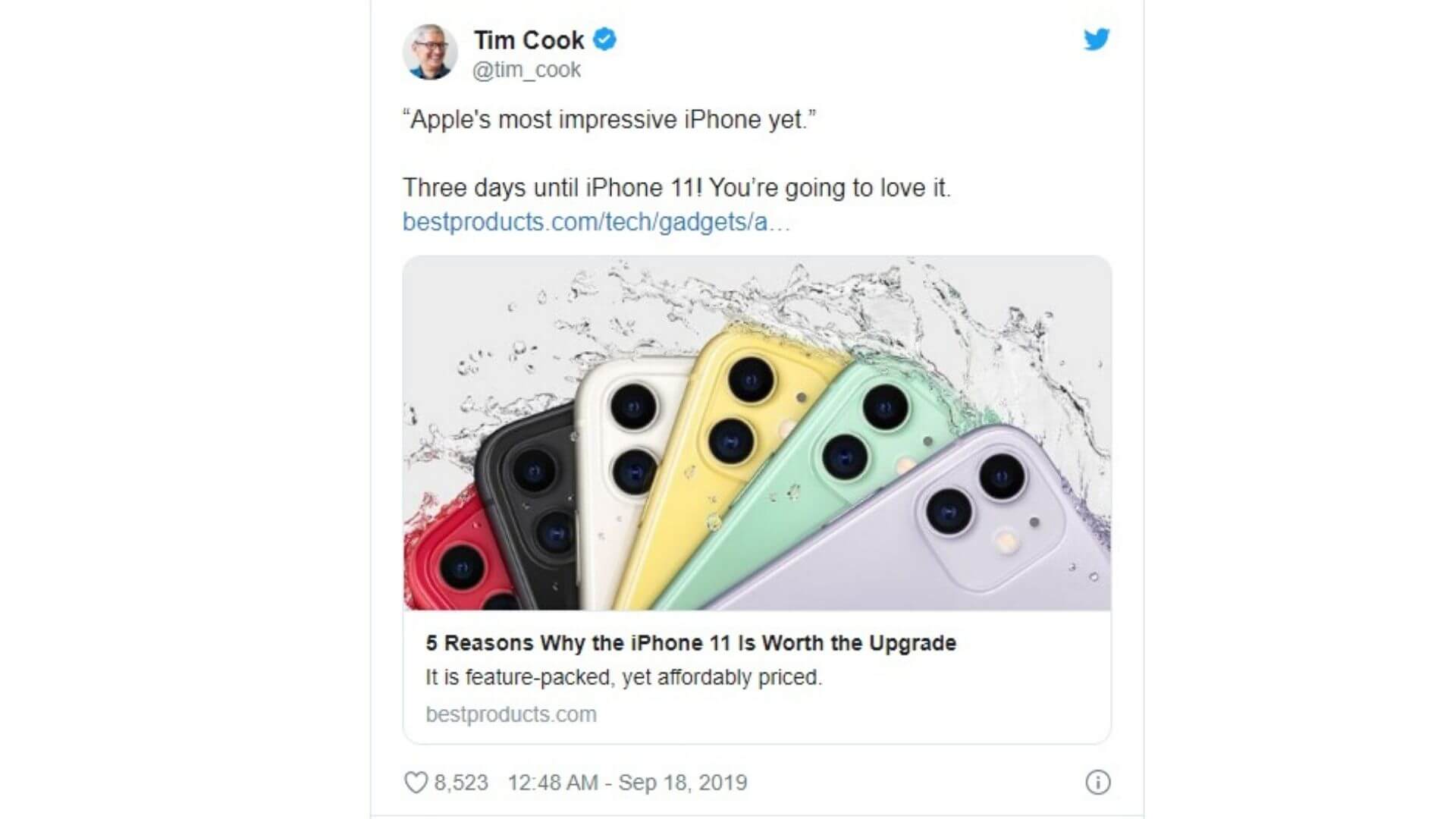 Tuit de Tim Cook para la serie iPhone 11